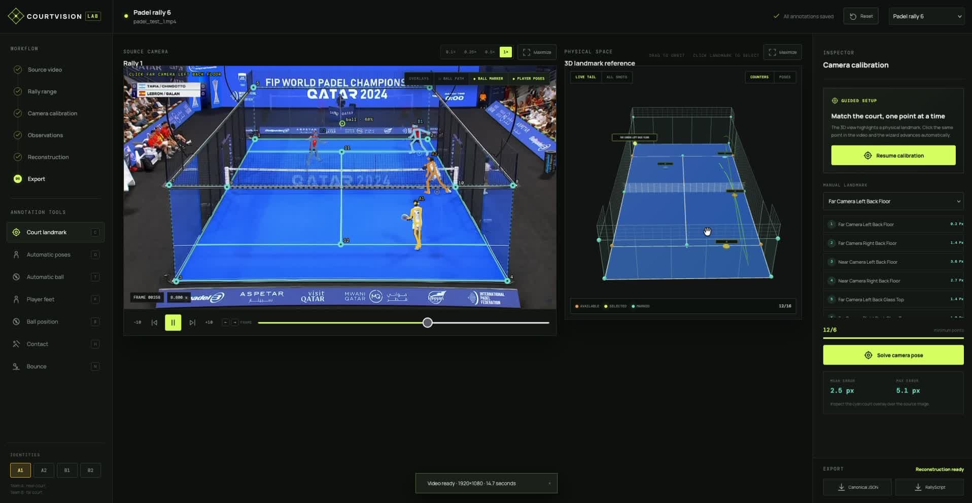 Camera calibration view: court landmarks matched between the video frame and the 3D court model