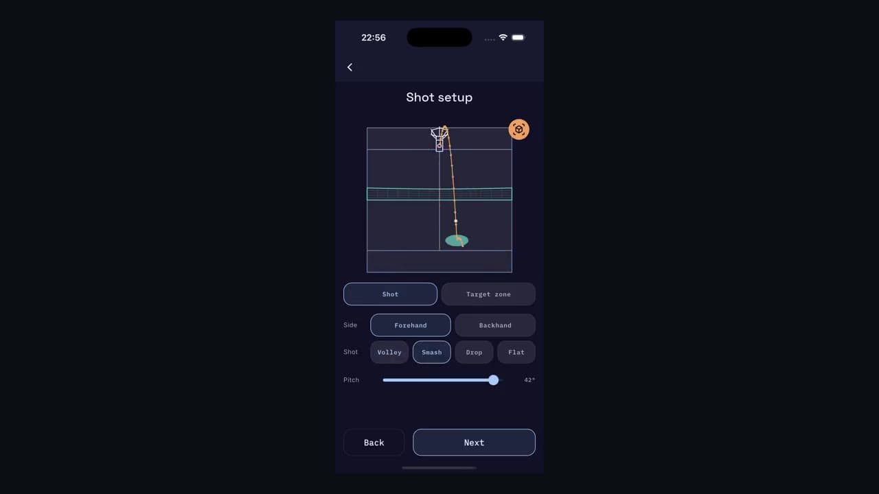 The Impact Pro control app: designing shots in a 3D court view with spin, pitch, and target placement